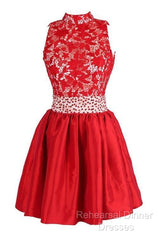 A-Line High Neck Knee Length Satin Homecoming Dress With Lace