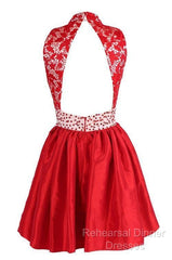 A-Line High Neck Knee Length Satin Homecoming Dress With Lace