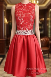 A-Line High Neck Knee Length Satin Homecoming Dress With Lace