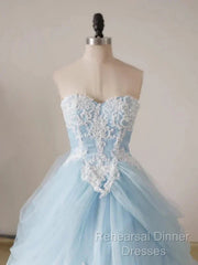 A-Line Lace Chicken Heart Collar Blue Long Ball Dress Sky Blue Semi Formal Prom Dress