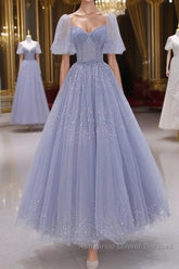 A-Line Long sleeves Beading Gray Blue Long Semi Formal Prom Dresses, Gray Blue Formal Dresses