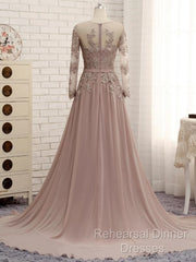 A Line Long Sleeves Lace Semi Formal Prom Dresses Chiffon Evening Gown