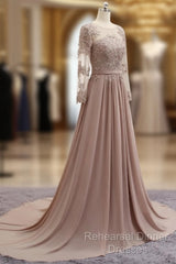 A Line Long Sleeves Lace Semi Formal Prom Dresses Chiffon Evening Gown
