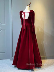 A Line Long Sleeves Red Velvet Semi Formal Prom Dresses
