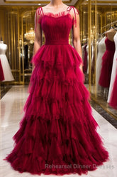 A-Line Long Spaghetti Strap Red Semi Formal Prom Dresses,Black Layers Tulle Evening Dress