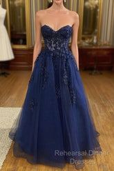 A Line  Navy Blue Lace Long Semi Formal Prom Dresses Strapless Graduation Evening Dresses