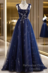 A-Line Navy Blue Tulle Beaded V-Neckline Party Dress, Navy Blue Shiny Tulle Semi Formal Prom Dress