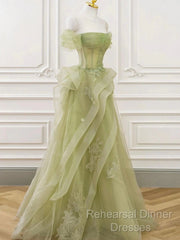A Line Off Shoulder Green Tulle Long Semi Formal Prom Dress