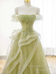 A Line Off Shoulder Green Tulle Long Semi Formal Prom Dress