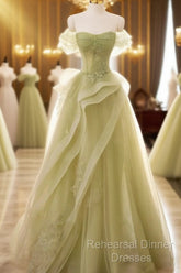 A Line Off Shoulder Green Tulle Long Semi Formal Prom Dress