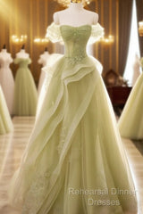 A Line Off Shoulder Green Tulle Long Semi Formal Prom Dress