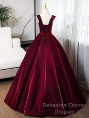 A-Line Off Shoulder Satin Burgundy Long Semi Formal Prom Dress, Burgundy Evening Dress With Beads