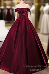 A-Line Off Shoulder Satin Burgundy Long Semi Formal Prom Dress, Burgundy Evening Dress With Beads
