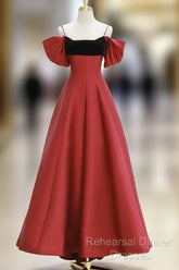 A-Line Off Shoulder Satin Dark Red Long Semi Formal Prom Dress, Red Long Formal Dress