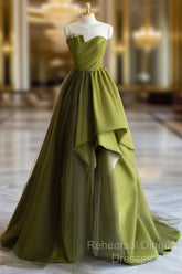 A-Line Off Shoulder Satin Green Long Semi Formal Prom Dress, Green Formal Dress