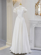 A-Line Off Shoulder Satin ivory Long Prom Dress, Ivory Long Bridesmaid Dress