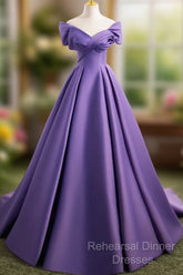 A-Line Off Shoulder Satin Purple Long Semi Formal Prom Dress, Purple Long Evening Dress