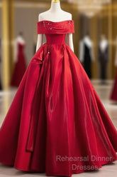 A-Line Off Shoulder Satin Red Ballgown Long Semi Formal Prom Dress Evening Dress Floor Length