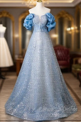 A-Line Off Shoulder Sequin Beads Blue Long Semi Formal Prom Dress Sparkly Evening Dress