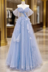 A-Line Off Shoulder Tulle Blue Long Evening Prom Dress, Blue Long Formal Dress