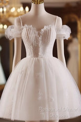 A-Line Off Shoulder Tulle Lace Light Champagne Short Semi Formal Prom Dress