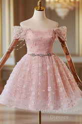 A-Line Off Shoulder Tulle Lace Pink Short Semi Formal Prom Dress, Pink Homecoming Dress