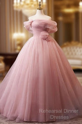A-Line Off Shoulder Tulle Pink Long Semi Formal Prom Dress, Pink Long Formal Dress