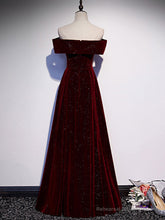A-Line Off Shoulder Velvet Burgundy Long Prom Dress, Burgundy Long Formal Dress