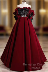 A-Line Off Shoulder Velvet Lace Burgundy Long Semi Formal Prom Dress, Burgundy Long Formal Dress