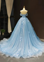 A-Line Off-The-Shoulder Sweetheart Sweep Train Tulle Semi Formal Prom Dress, Sky Blue Applique Wedding Dress