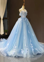 A-Line Off-The-Shoulder Sweetheart Sweep Train Tulle Semi Formal Prom Dress, Sky Blue Applique Wedding Dress