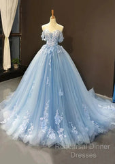 A-Line Off-The-Shoulder Sweetheart Sweep Train Tulle Semi Formal Prom Dress, Sky Blue Applique Wedding Dress