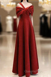 A-Line One Shoulder Satin Burgundy Long Evening Prom Dress, Burgundy Long Formal Dress