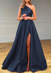 A-line One-Shoulder Satin Prom Dresses With Pleated Split