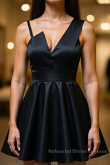 A Line One Shoulder Short Black Semi Formal Prom Dresses, Short Black One Shoulder Formal Graduation Dresses