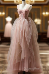 A Line Pink Corset Long Tulle Evening Prom Dress With Ruffles