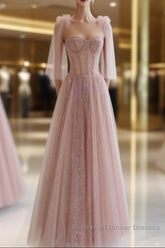 A-Line Pink Round Neck Tulle Long Semi Formal Prom Dresses, Pink Formal Evening Dresses