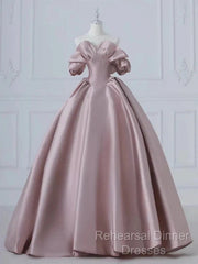 A-Line Pink Satin Long Off Shoulder Semi Formal Prom Dress Quinceanera Dress Evening Dress
