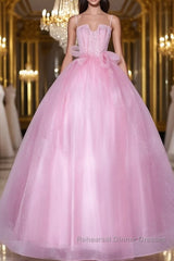 A-Line Pink Tulle Lace Long Semi Formal Prom Dresses, Pink Formal Dresses