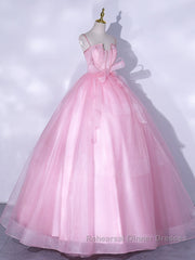 A-Line Pink Tulle Lace Long Semi Formal Prom Dresses, Pink Formal Dresses