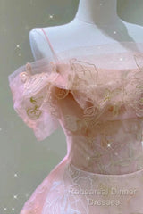 A Line Pink Tulle Lace Off The Shoulder Semi Formal Prom Dresses, Formal Evening Dress