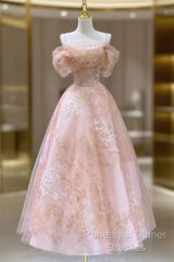 A Line Pink Tulle Lace Off The Shoulder Semi Formal Prom Dresses, Formal Evening Dress