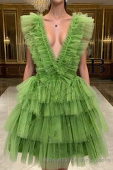A Line Pink V Neck Tiered Homecoming Dress,Tulle Short Semi Formal Prom Party Dresses