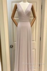 A-Line Pleated Chiffon V-Neck Long Bridesmaid Dresses