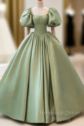A-Line Princess Green Satin Puffy Sleeves Long Formal Dress Satin Semi Formal Prom Dress Party Dress