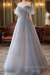 A-Line Princess Grey Beaded Layers Glitter Tulle Long Formal Dress Off Shoulder Semi Formal Prom Dress