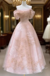 A-Line Princess Lovely Pink Tea Length Straps Tulle Formal Dress Semi Formal Prom Dress