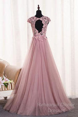 A-Line/Princess Sash Tulle Floor-Length Lace Semi Formal Prom Dresses