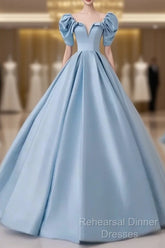 A-Line Princess Satin Blue Long Semi Formal Prom Dress Quinceanera Dress Elegant Evening Dress