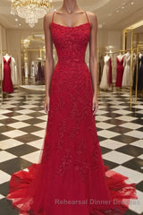 A-Line/Princess Spaghetti Straps Sweep Train Tulle Evening Dresses With Appliques Lace